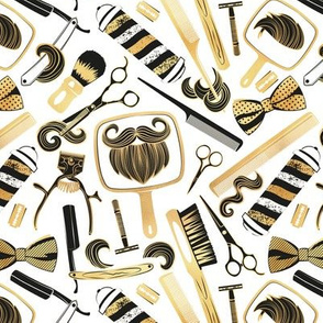 Small scale // Shear shave shine // white background black and gold texture vintage barber shop tools