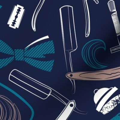 Normal scale // Shear shave shine // midnight blue background white teal and brown vintage barber shop tools