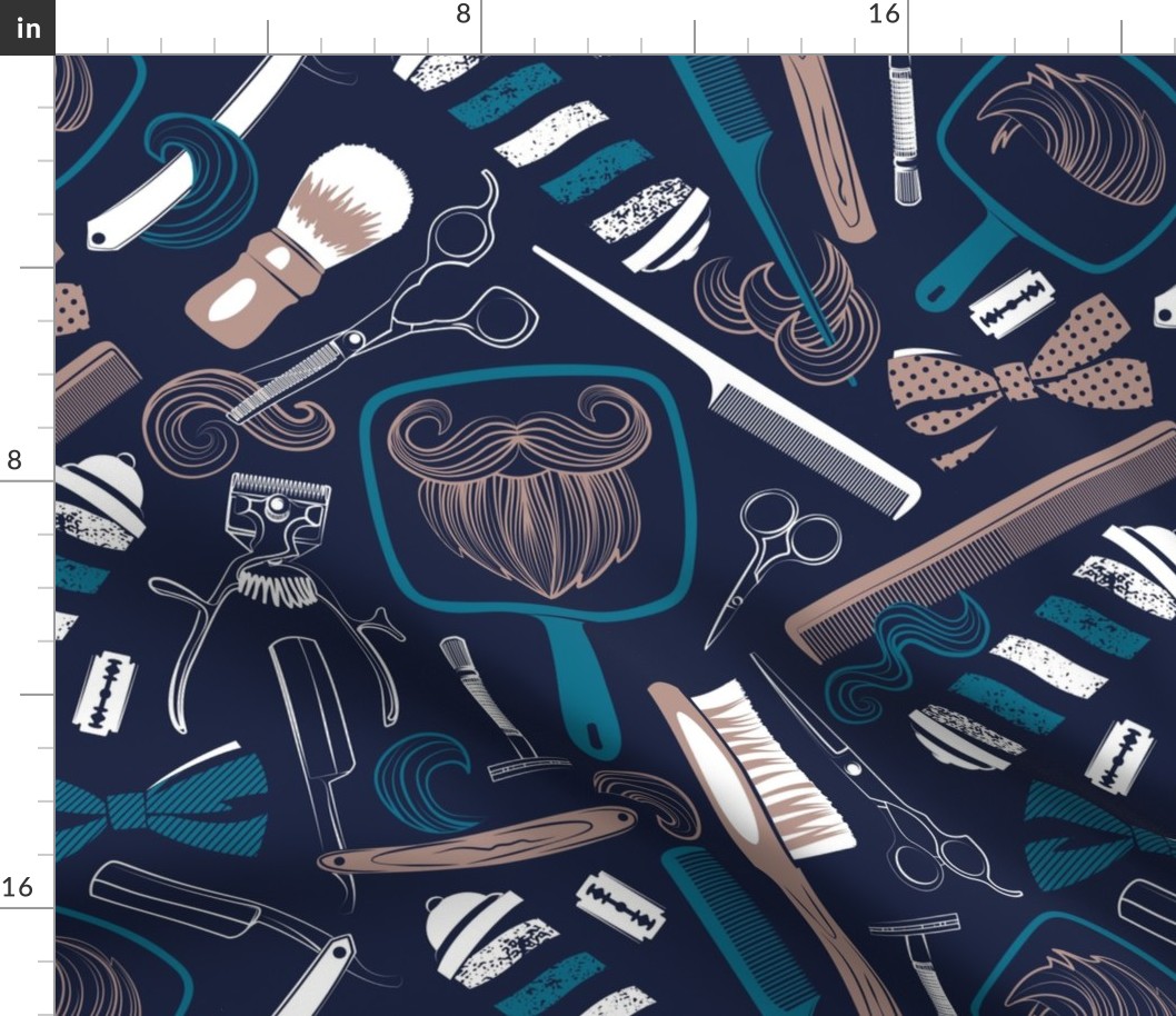Normal scale // Shear shave shine // midnight blue background white teal and brown vintage barber shop tools