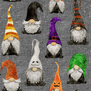 Halloween Gnomes on grey linen - large scale