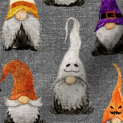 Halloween Gnomes on grey linen - medium scale