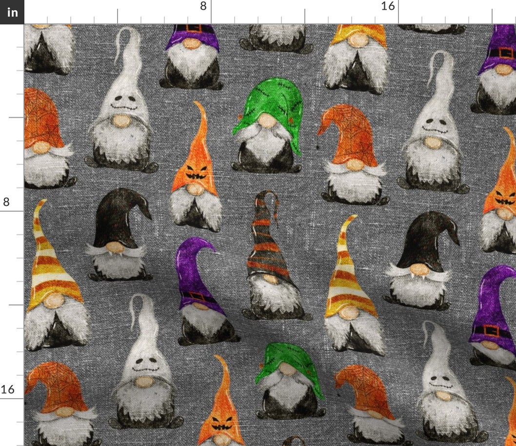 Halloween Gnomes on grey linen - medium scale