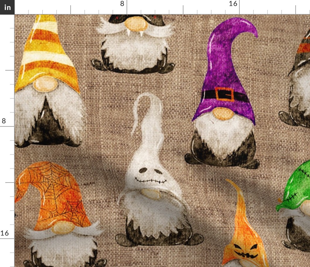 Halloween Gnomes on burlap - large scale