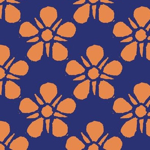 Strawberry Blossom Block Print in Orange on Blue - Large