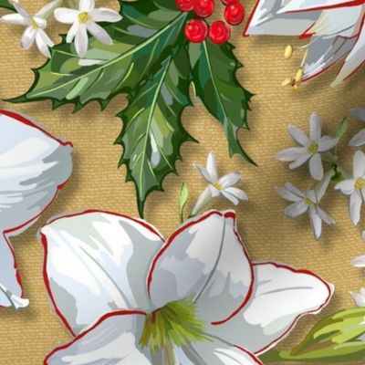 Christmas Amaryllis, Holly + Birds | Golden Tone