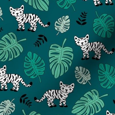 Baby tiger cub and tropical jungle leaves wild animals kids print green teal
