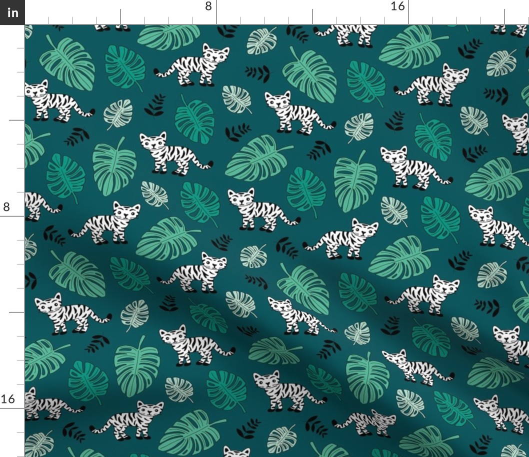 Baby tiger cub and tropical jungle leaves wild animals kids print green teal