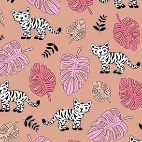 Baby tiger cub and tropical jungle leaves wild animals kids print pink peach apricot girls