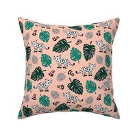 Baby tiger cub and tropical jungle leaves wild animals kids print peach green neutral