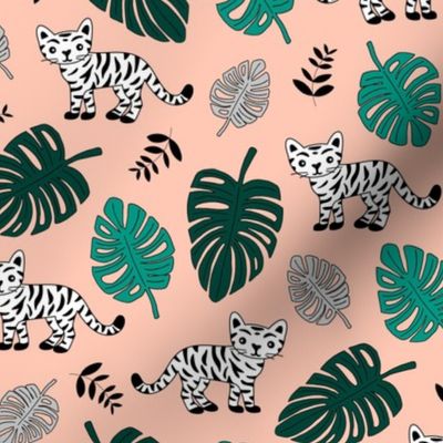 Baby tiger cub and tropical jungle leaves wild animals kids print peach green neutral