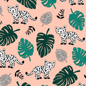 Baby tiger cub and tropical jungle leaves wild animals kids print peach green neutral