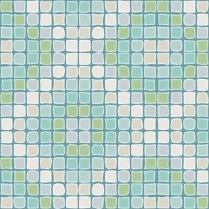 beachy mosaic tiles in blue and green, geometric diamond pattern, sand, cream, sea foam, sea glass, coastal, aqua