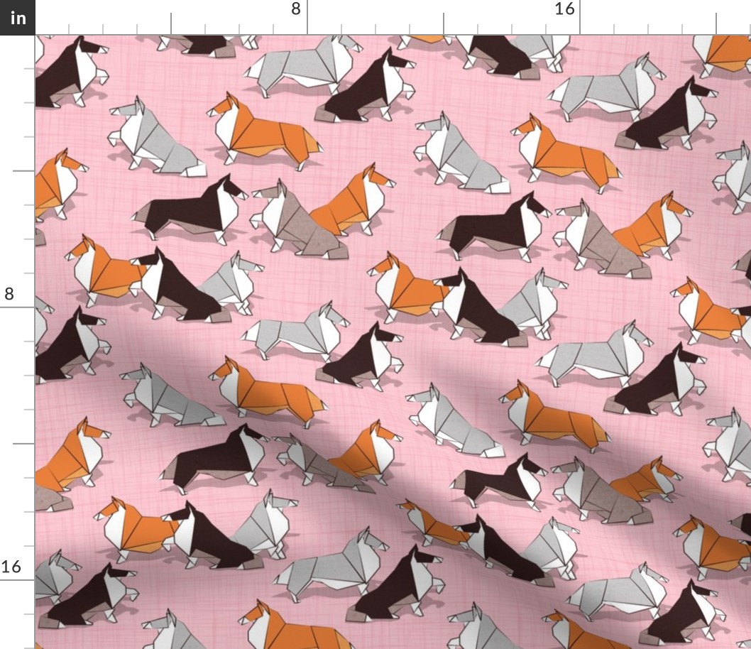 Small scale // Origami Collie friends // pastel pink linen texture background white orange & brown paper and cardboard dogs