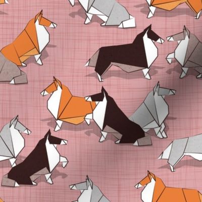 Small scale // Origami Collie friends // blush pink linen texture background white orange & brown paper and cardboard dogs