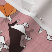 Small scale // Origami Collie friends // blush pink linen texture background white orange & brown paper and cardboard dogs