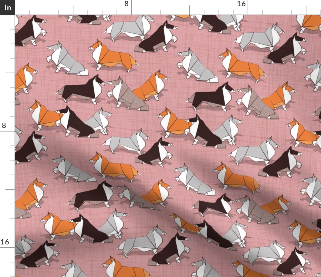 Small scale // Origami Collie friends // blush pink linen texture background white orange & brown paper and cardboard dogs
