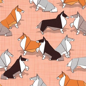 Small scale // Origami Collie friends // flesh coral linen texture background white orange & brown paper and cardboard dogs