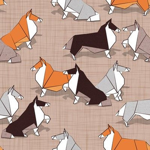 Small scale // Origami Collie friends // brown linen texture background white orange & brown paper and cardboard dogs