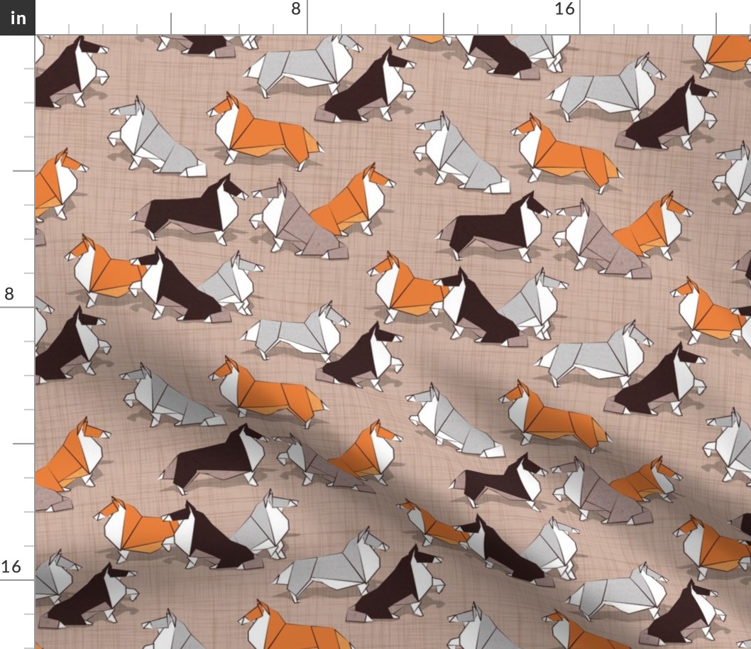 Small scale // Origami Collie friends // brown linen texture background white orange & brown paper and cardboard dogs