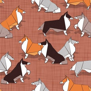 Small scale // Origami Collie friends // brown siena linen texture background white orange & brown paper and cardboard dogs