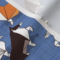 Small scale // Origami Collie friends // denim blue linen texture background white orange & brown paper and cardboard dogs