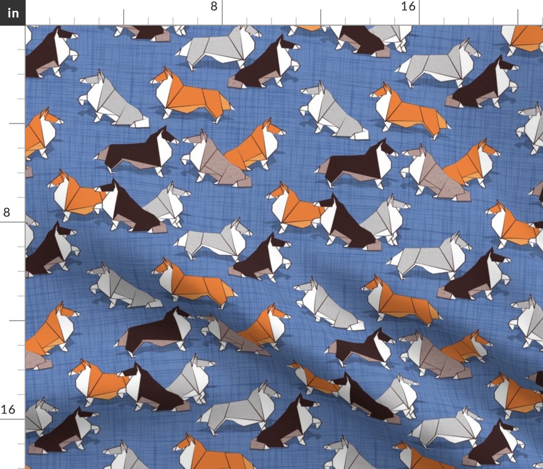 Small scale // Origami Collie friends // denim blue linen texture background white orange & brown paper and cardboard dogs