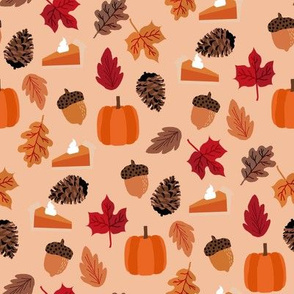 autumn leaves fabric - pumpkin pie thanksgiving design - peach