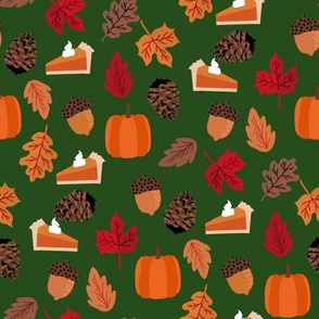 autumn leaves fabric - pumpkin pie thanksgiving design - dark green