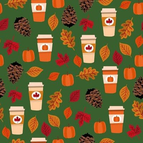 pumpkin spice fabric - maple, coffee, autumn leaves - green