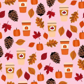pumpkin spice fabric - maple, coffee, autumn leaves - pink