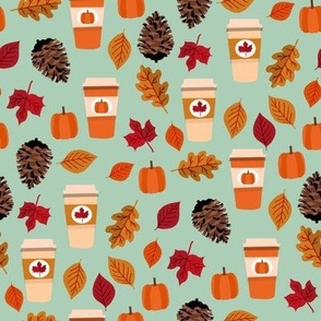 pumpkin spice fabric - maple, coffee, autumn leaves - mint