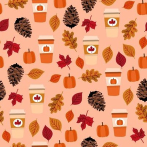 pumpkin spice fabric - maple, coffee, autumn leaves - peach