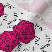 Bubblegum Pink d20 Dice with Med Scale Gamer Terms White BG by Shari Armstrong Designs