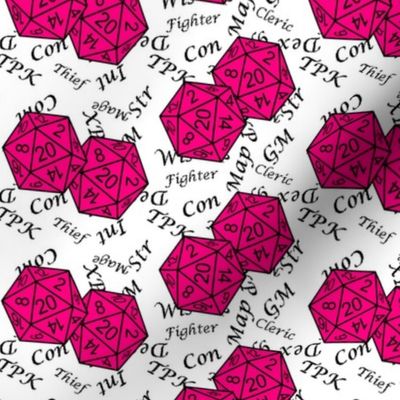 Bubblegum Pink d20 Dice with Med Scale Gamer Terms White BG by Shari Armstrong Designs