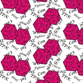 Bubblegum Pink d20 Dice with Med Scale Gamer Terms White BG by Shari Lynn's Stitches