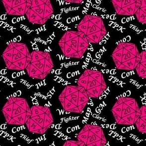 Bubblegum Pink d20 Dice with Med Scale Gamer Terms Black BG by Shari Armstrong Designs