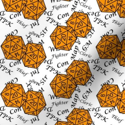 Cheddar Orange d20 Dice with Med Scale Gamer Terms White BG by Shari Lynn's Stitches
