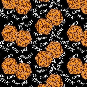 Cheddar Orange d20 Dice with Med Scale Gamer Terms Black BG by Shari Lynn's Stitches