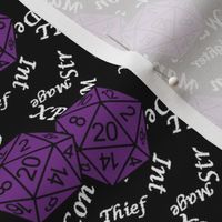 Mauveine d20 Dice with Med Scale Gamer Terms Black BG by Shari Armstrong Designs