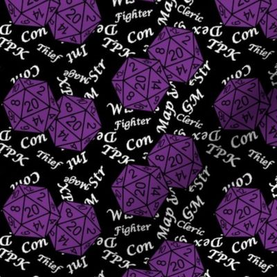 Mauveine d20 Dice with Med Scale Gamer Terms Black BG by Shari Armstrong Designs