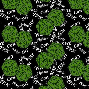 Poison Green d20 Dice with Med Scale Gamer Terms Black BG by Shari Lynn's Stitches