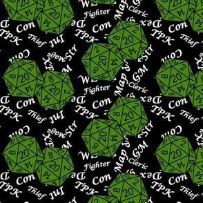 Poison Green d20 Dice with Med Scale Gamer Terms Black BG by Shari Armstrong Designs