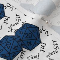 Classic Blue d20 Dice with Med Scale Gamer Terms White BG by Shari Armstrong Designs
