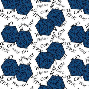 Classic Blue d20 Dice with Med Scale Gamer Terms White BG by Shari Lynn's Stitches