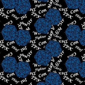 Classic Blue d20 Dice with Med Scale Gamer Terms Black BG by Shari Lynn's Stitches