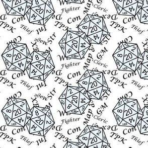 Ice  d20 Dice with Med Scale Gamer Terms White BG by Shari Lynn's Stitches