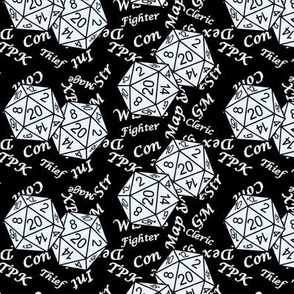 Ice d20 Dice with Med Scale Gamer Terms Black BG by Shari Lynn's Stitches