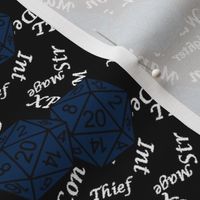 Midnight d20 Dice with Med Scale Gamer Terms Black BG by Shari Armstrong Designs