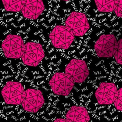 Bubblegum Pink d20 Dice with Small Scale Gamer Terms Black BG by Shari Armstrong Designs