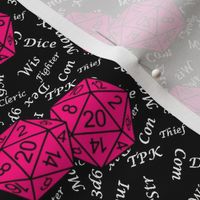 Bubblegum Pink d20 Dice with Small Scale Gamer Terms Black BG by Shari Armstrong Designs
